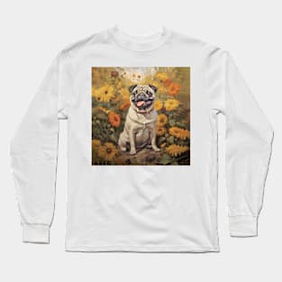 Cute Pug in Fall Flowers Long Sleeve T-Shirt